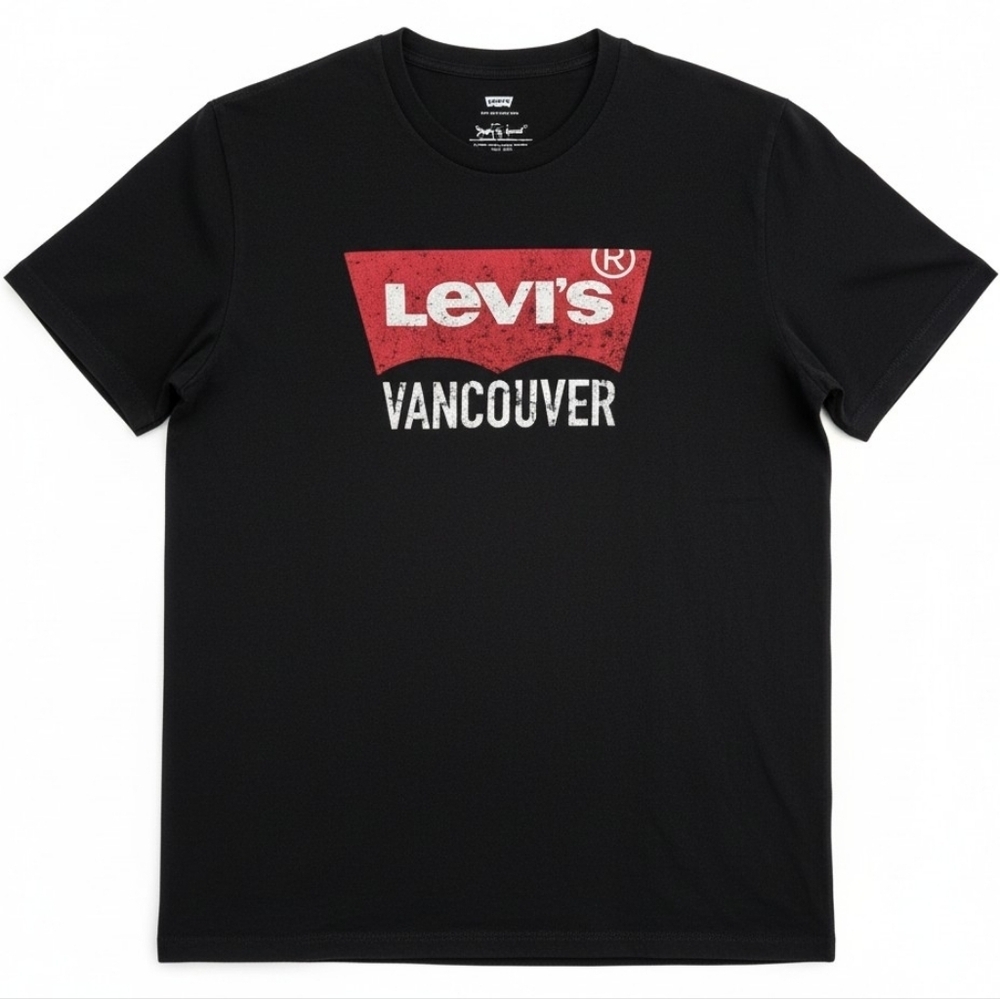 Levi’s Vancouver Logo Graphic T-Shirt | Black Red Batwing Tee | Size Larg - Picture 1 of 5